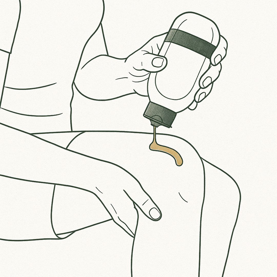 Ilustración: una mano pone una capa fina de gel sobre la rodilla