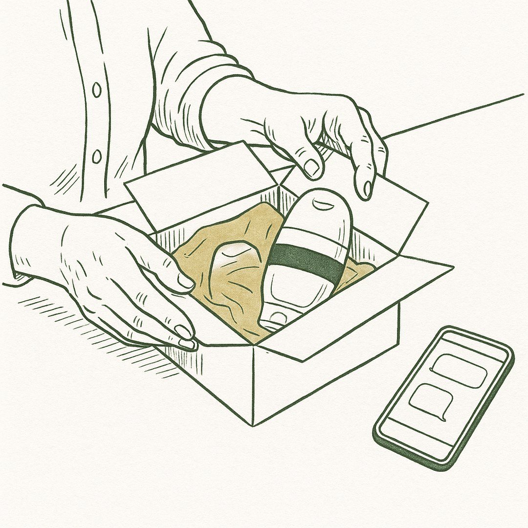 Ilustración: las manos de una mujer mayor abren en su cocina la caja con el gel Apis Venenum Purum D5, junto a su celular